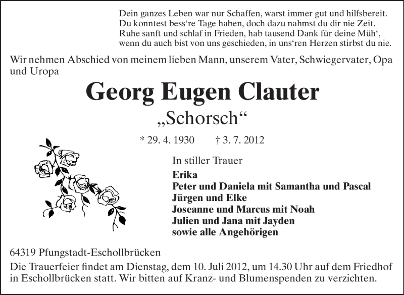  Traueranzeige für Georg Eugen Clauter vom 07.07.2012 aus Echo-Zeitungen (Gesamtausgabe)