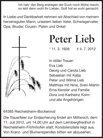 Traueranzeige von Peter Lieb von Odenwälder Echo