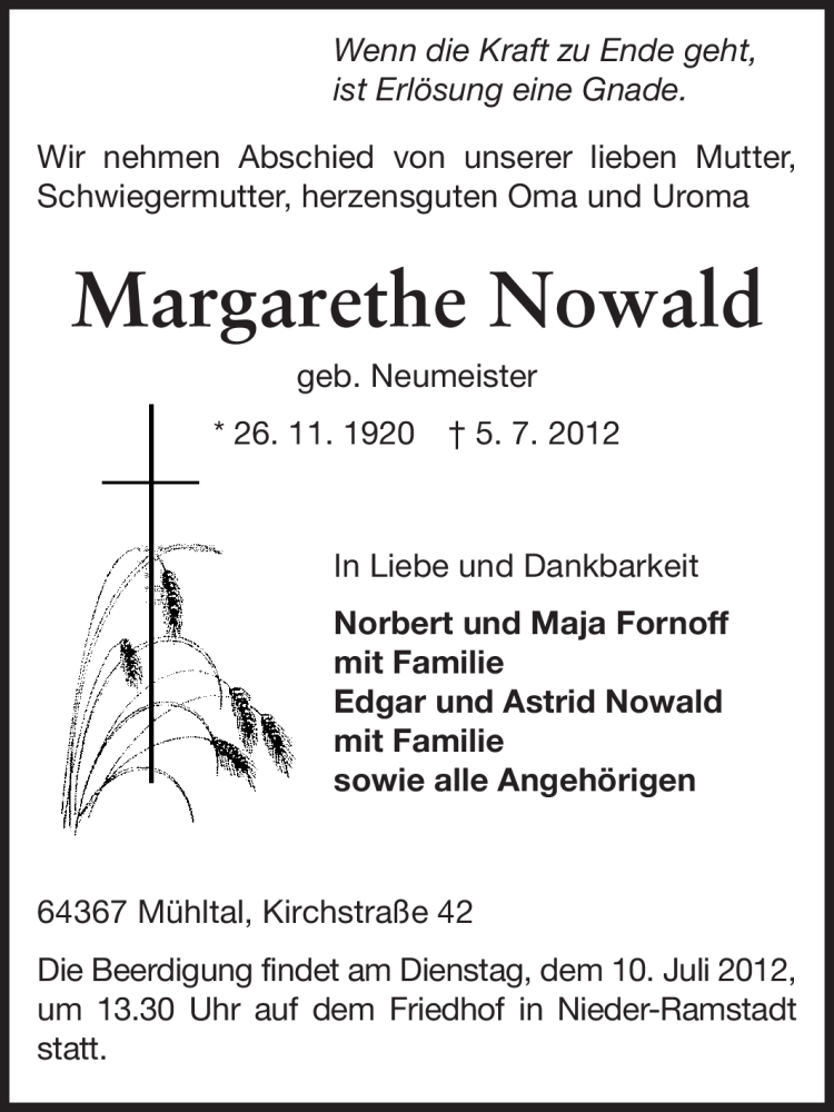  Traueranzeige für Margarethe Nowald vom 07.07.2012 aus Echo-Zeitungen (Gesamtausgabe)