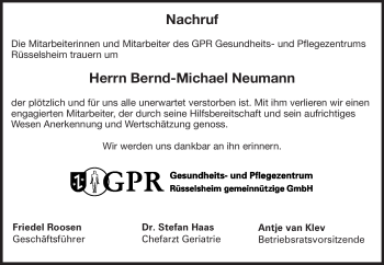 Traueranzeige von Bernd-Michael Neumann von Rüsselsheimer Echo, Groß-Gerauer-Echo, Ried Echo