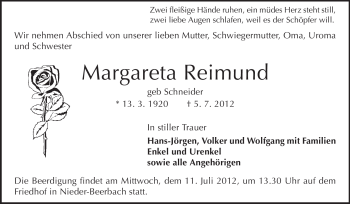 Traueranzeige von Margarete Reimund von Echo-Zeitungen (Gesamtausgabe)