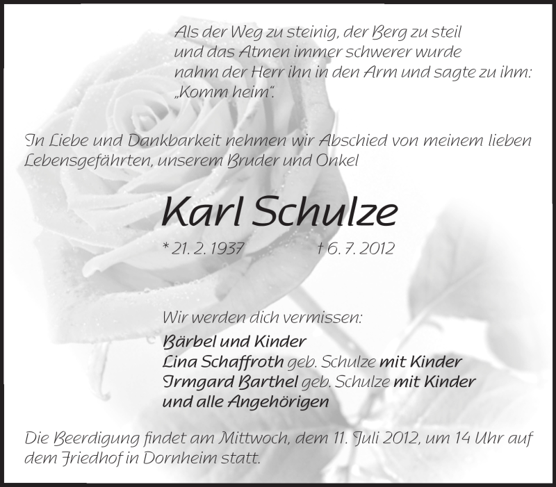  Traueranzeige für Karl Schulze vom 09.07.2012 aus Rüsselsheimer Echo, Groß-Gerauer-Echo, Ried Echo