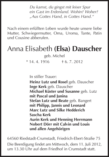 Traueranzeige von Anna Elisabeth Dauscher von Rüsselsheimer Echo, Groß-Gerauer-Echo, Ried Echo