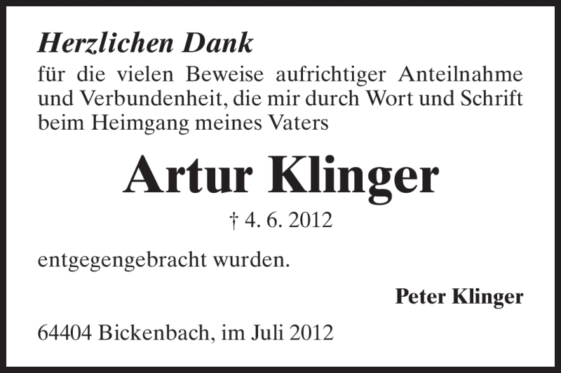  Traueranzeige für Artur Klinger vom 11.07.2012 aus Echo-Zeitungen (Gesamtausgabe)