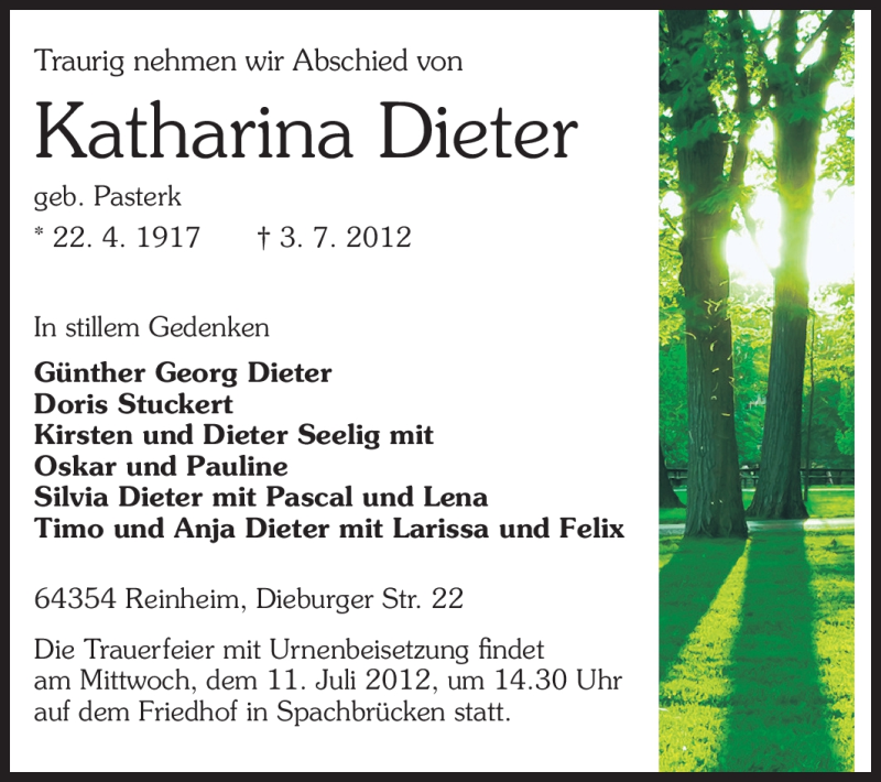  Traueranzeige für Katharina Dieter  vom 10.07.2012 aus Echo-Zeitungen (Gesamtausgabe)