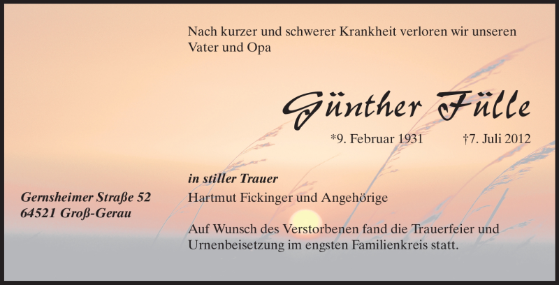  Traueranzeige für Günther Fülle vom 01.08.2012 aus Rüsselsheimer Echo, Groß-Gerauer-Echo, Ried Echo