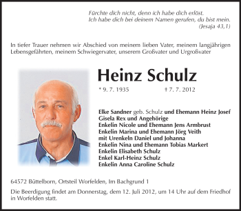 Traueranzeige von Heinz Schulz von Rüsselsheimer Echo, Groß-Gerauer-Echo, Ried Echo