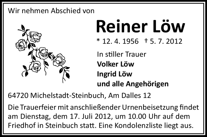  Traueranzeige für Reiner Löw vom 13.07.2012 aus Odenwälder Echo