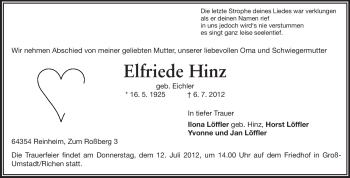 Traueranzeige von Elfriede Hinz von Echo-Zeitungen (Gesamtausgabe)