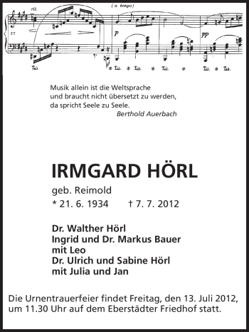 Traueranzeige von Irmgard Hörl von Echo-Zeitungen (Gesamtausgabe)