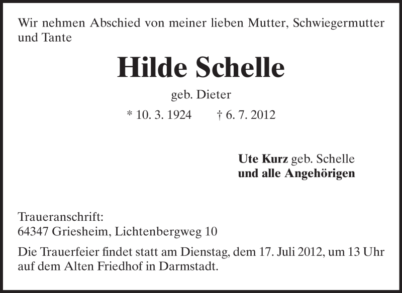 Traueranzeige für Hilde Schelle vom 12.07.2012 aus Echo-Zeitungen (Gesamtausgabe)