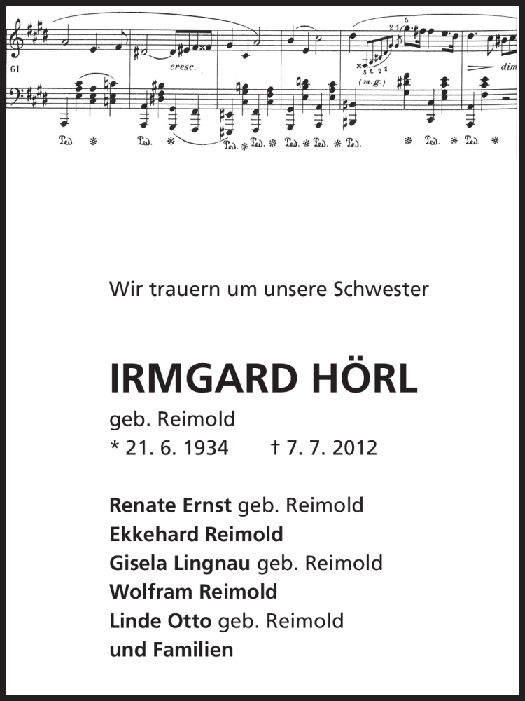  Traueranzeige für Irmgard Hörl vom 11.07.2012 aus Echo-Zeitungen (Gesamtausgabe)