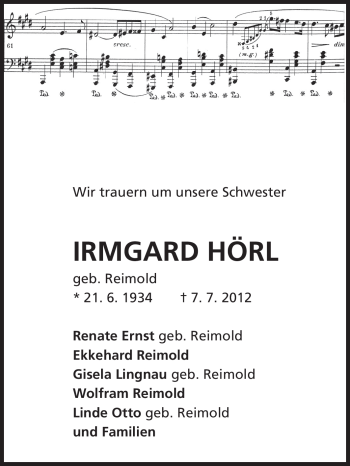 Traueranzeige von Irmgard Hörl von Echo-Zeitungen (Gesamtausgabe)