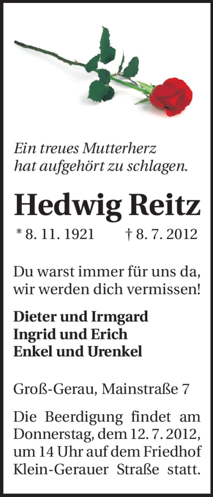  Traueranzeige für Hedwig Reitz vom 11.07.2012 aus Rüsselsheimer Echo, Groß-Gerauer-Echo, Ried Echo