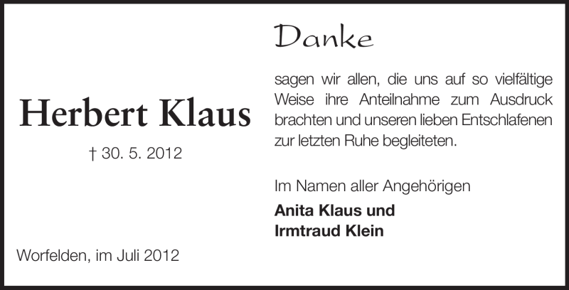  Traueranzeige für Herbert Klaus vom 11.07.2012 aus Rüsselsheimer Echo, Groß-Gerauer-Echo, Ried Echo