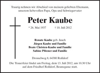 Traueranzeige von Peter Kaube von Echo-Zeitungen (Gesamtausgabe)