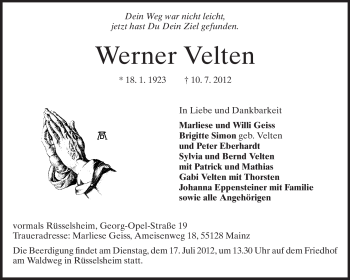 Traueranzeige von Werner Velten von Rüsselsheimer Echo, Groß-Gerauer-Echo, Ried Echo