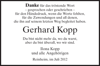 Traueranzeige von Gerhard Kopp von Echo-Zeitungen (Gesamtausgabe)