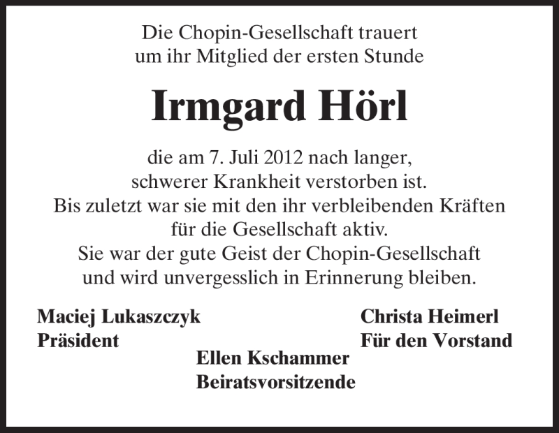  Traueranzeige für Irmgard Hörl vom 12.07.2012 aus Echo-Zeitungen (Gesamtausgabe)