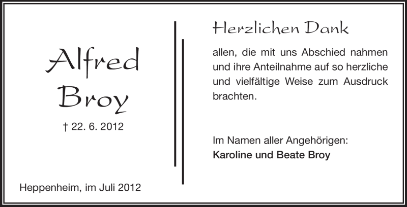  Traueranzeige für Alfred Broy vom 13.07.2012 aus Starkenburger Echo