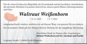 Traueranzeige von Waltraut Weißenborn von Echo-Zeitungen (Gesamtausgabe)