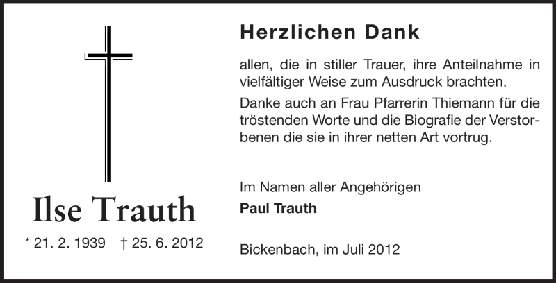  Traueranzeige für Ilse Trauth vom 14.07.2012 aus Echo-Zeitungen (Gesamtausgabe)