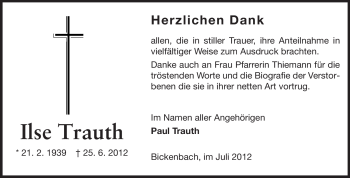 Traueranzeige von Ilse Trauth von Echo-Zeitungen (Gesamtausgabe)
