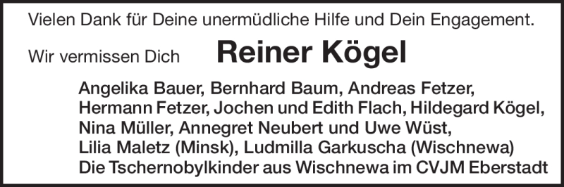  Traueranzeige für Reiner Kögel vom 14.07.2012 aus Darmstädter Echo, Odenwälder Echo, Rüsselsheimer Echo, Groß-Gerauer-Echo, Ried Echo