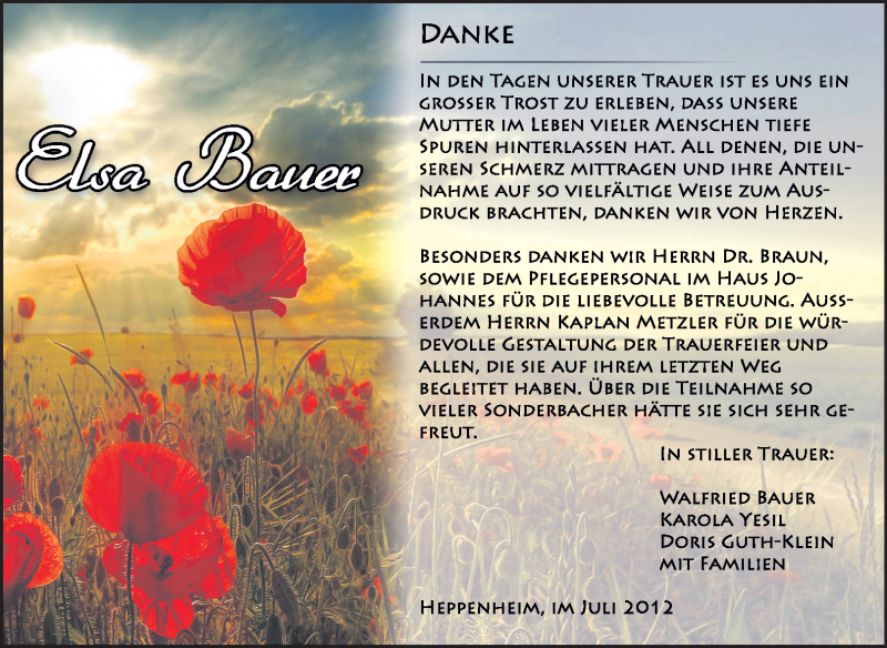  Traueranzeige für Elsa Bauer vom 14.07.2012 aus Starkenburger Echo
