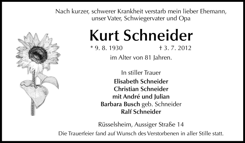  Traueranzeige für Kurt Schneider vom 14.07.2012 aus Rüsselsheimer Echo, Groß-Gerauer-Echo, Ried Echo