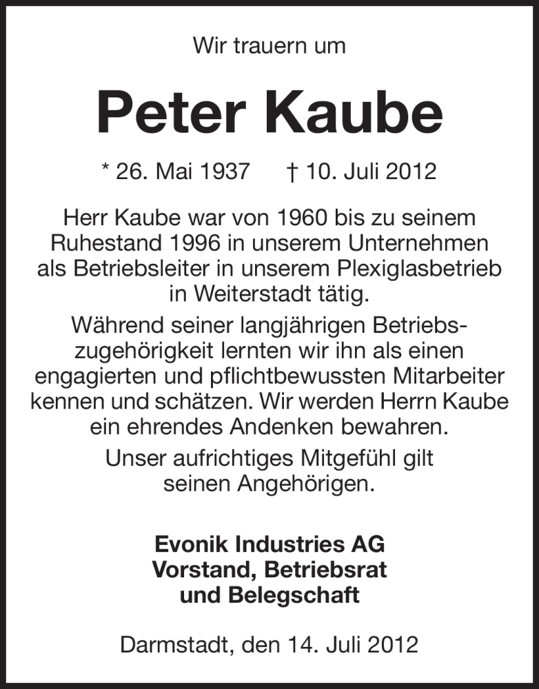  Traueranzeige für Peter Kaube vom 14.07.2012 aus Echo-Zeitungen (Gesamtausgabe)