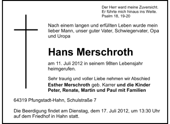 Traueranzeige von Hans Merschroth von Echo-Zeitungen (Gesamtausgabe)
