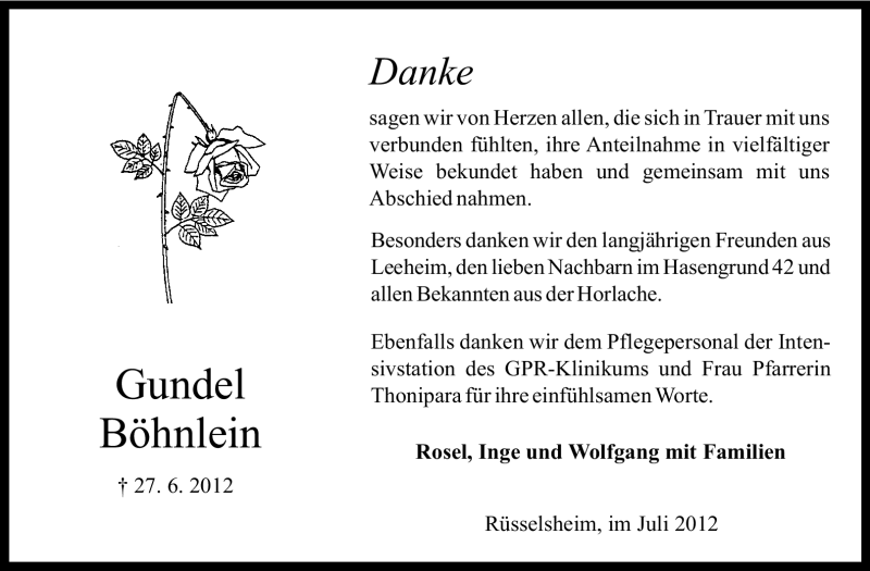  Traueranzeige für Gundel Böhnlein vom 14.07.2012 aus Rüsselsheimer Echo, Groß-Gerauer-Echo, Ried Echo