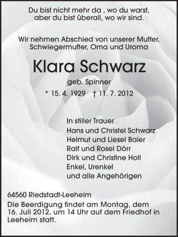 Traueranzeige von Klara Schwarz von Rüsselsheimer Echo, Groß-Gerauer-Echo, Ried Echo