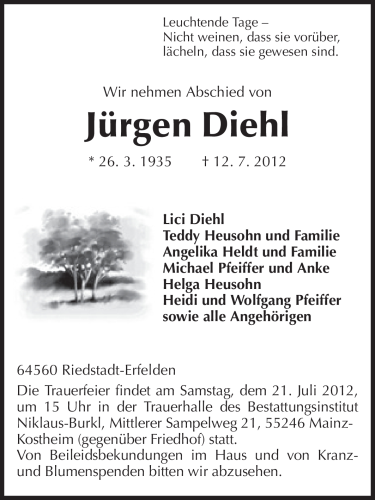  Traueranzeige für Jürgen Diehl vom 16.07.2012 aus Echo-Zeitungen (Gesamtausgabe)