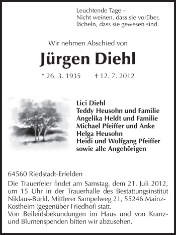 Traueranzeige von Jürgen Diehl von Echo-Zeitungen (Gesamtausgabe)