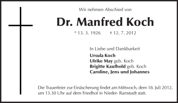 Traueranzeige von Manfred Koch von Echo-Zeitungen (Gesamtausgabe)