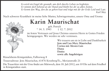 Traueranzeige von Karin Maurischat von Rüsselsheimer Echo, Groß-Gerauer-Echo, Ried Echo