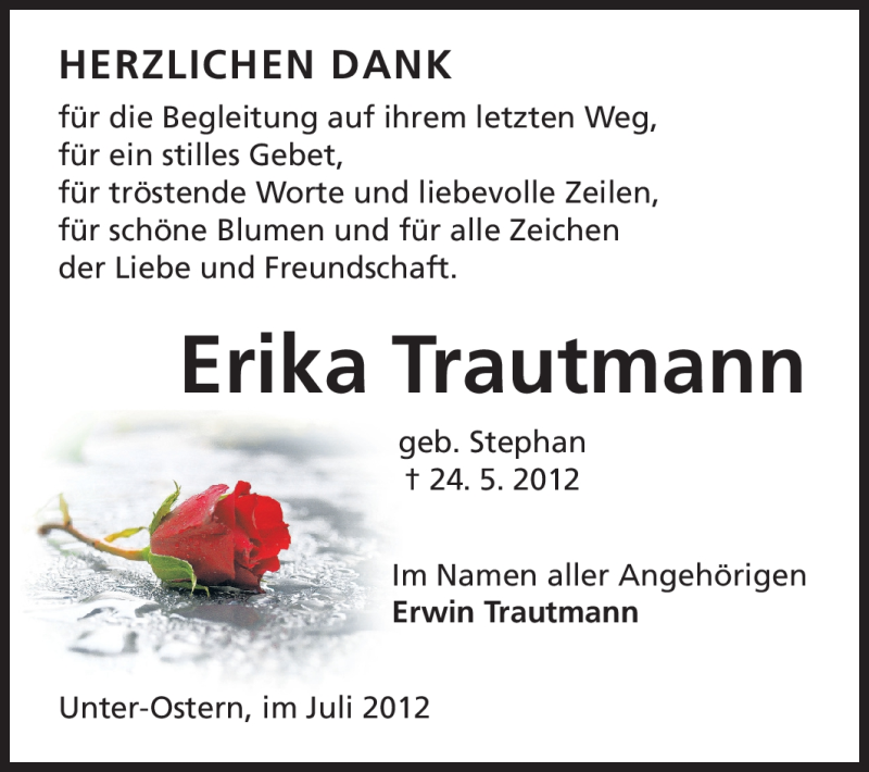 Traueranzeige für Erika Trautmann vom 14.07.2012 aus Odenwälder Echo