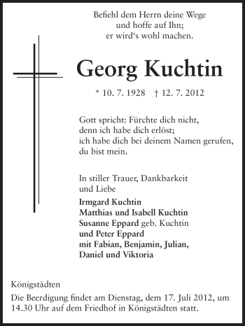 Traueranzeige von Georg Kuchtin von Rüsselsheimer Echo, Groß-Gerauer-Echo, Ried Echo