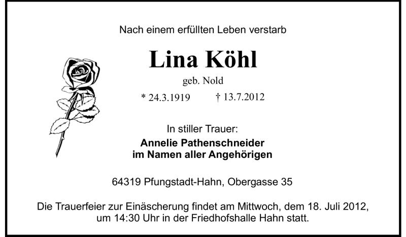 Traueranzeige für Lina Köhl vom 14.07.2012 aus Echo-Zeitungen (Gesamtausgabe)
