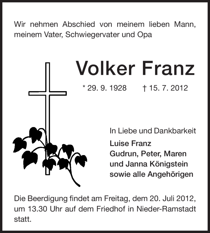  Traueranzeige für Volker Franz vom 17.07.2012 aus Echo-Zeitungen (Gesamtausgabe)