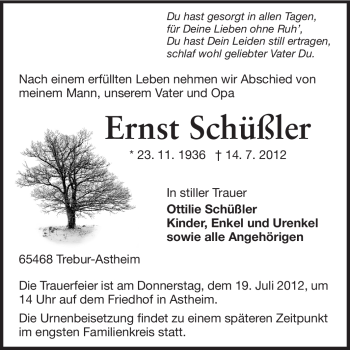 Traueranzeige von Ernst Schüßler von Rüsselsheimer Echo, Groß-Gerauer-Echo, Ried Echo