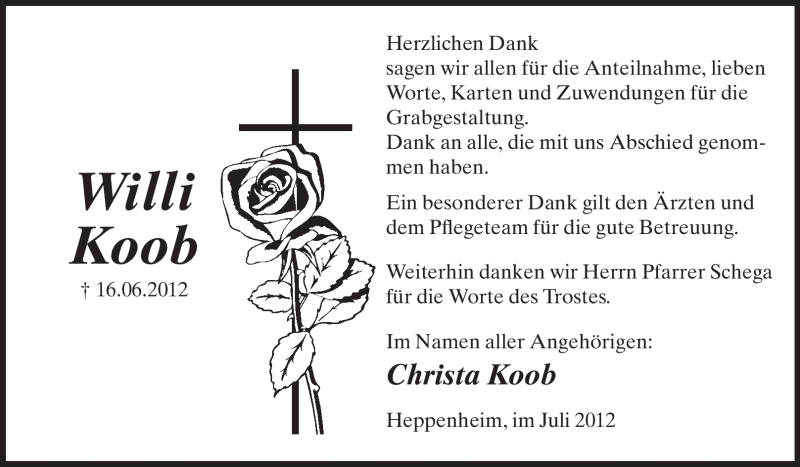 Traueranzeige für Willi Koob vom 17.07.2012 aus Starkenburger Echo