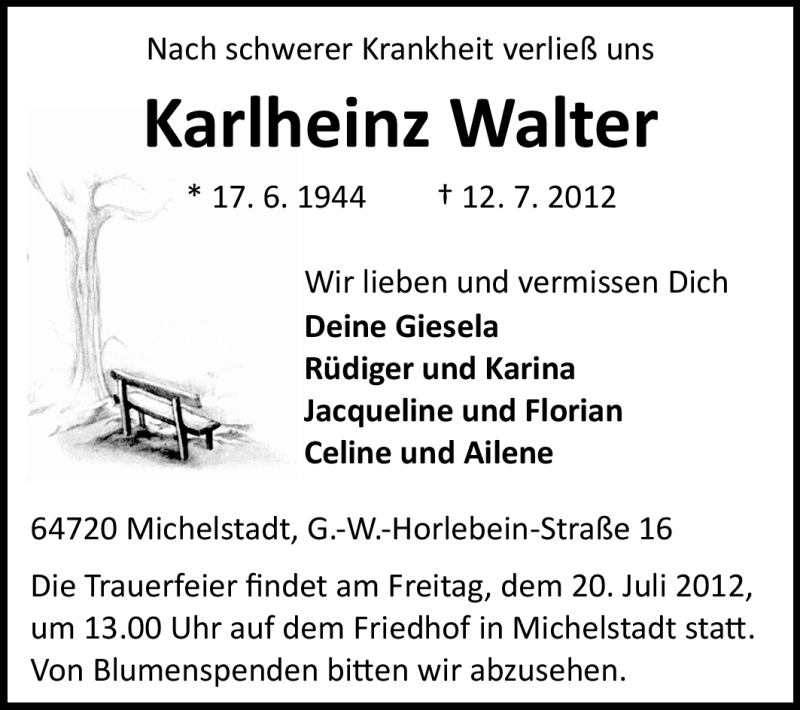  Traueranzeige für Karlheinz Walter vom 17.07.2012 aus Odenwälder Echo