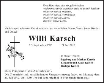 Traueranzeige von Willi Karsch von Echo-Zeitungen (Gesamtausgabe)