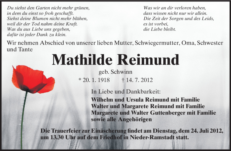  Traueranzeige für Mathilde Reimund vom 21.07.2012 aus Echo-Zeitungen (Gesamtausgabe)