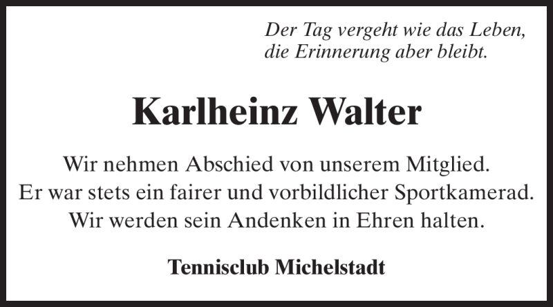  Traueranzeige für Karlheinz Walter vom 18.07.2012 aus Odenwälder Echo