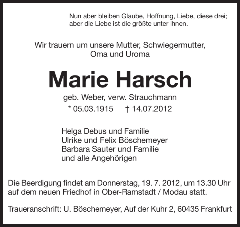  Traueranzeige für Marie Harsch vom 18.07.2012 aus Echo-Zeitungen (Gesamtausgabe)