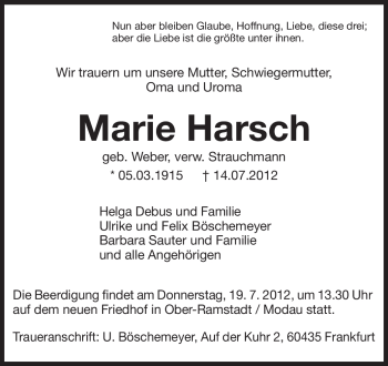 Traueranzeige von Marie Harsch von Echo-Zeitungen (Gesamtausgabe)